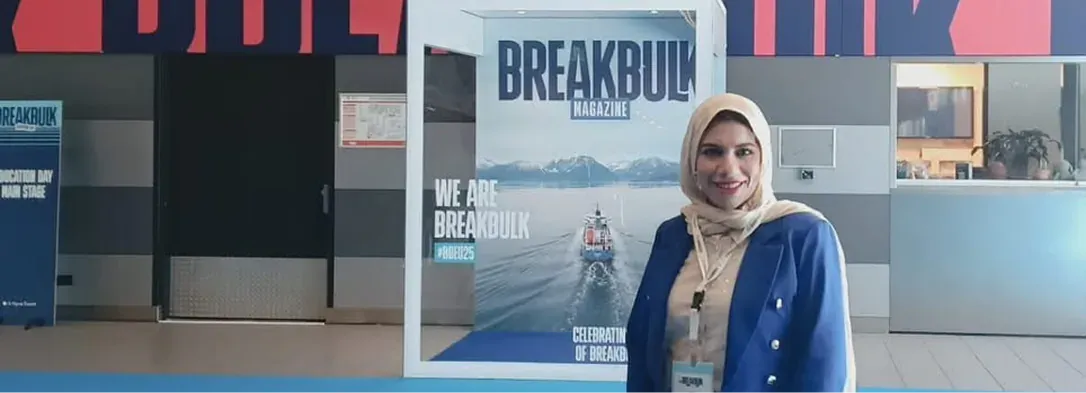 Golden Ocean representative at a Breakbulk Europe exhibition stand